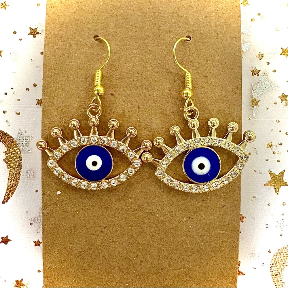 Dazzling Gold and Blue Enamel Evil Eye CZ Earrings